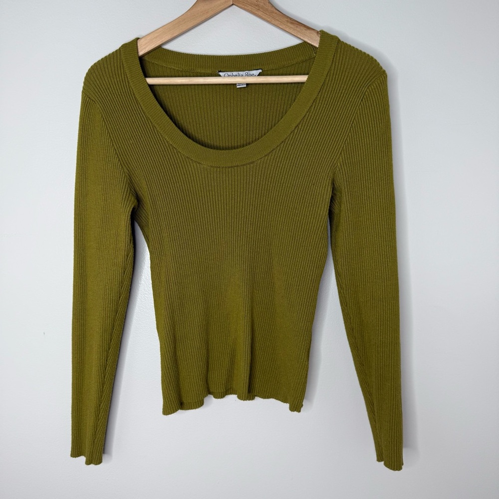 Ophelia Roe Women’s M Olive Green Sweater With Scoop Neck Ribbed Long Sleeve